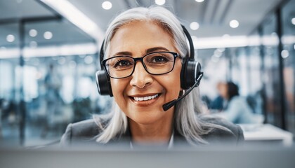 A smiling mature woman in a headset provides excellent customer service in a modern office, concept for customer service, communication solutions and professional support