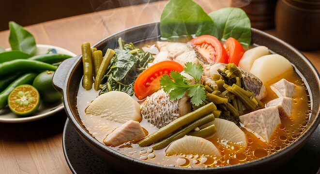 Steaming hot filipino sinigang fish soup with fresh vegetables