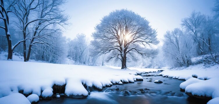 Serene winter landscape with a majestic snow-covered tree, a tranquil stream, and golden sunlight filtering through frosty branches - Powered by Adobe