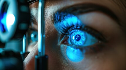 Optometrist examining patient's eyes with slit lamp biomicroscope, blue diagnostic light reflecting in iris, clinical precision, modern ophthalmology equipment, professional medical examination