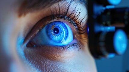 Optometrist examining patient's eyes with slit lamp biomicroscope, blue diagnostic light reflecting in iris, clinical precision, modern ophthalmology equipment, professional medical examination