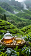 Tea Set on Wooden Tray Overlooking Lush Mountain Plantations