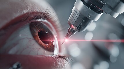 Ultra-realistic scene of a laser glaucoma treatment in a modern ophthalmology clinic, precise laser device pointed at patient&rsquo;s eye, soft glow from laser, sharp medical detail