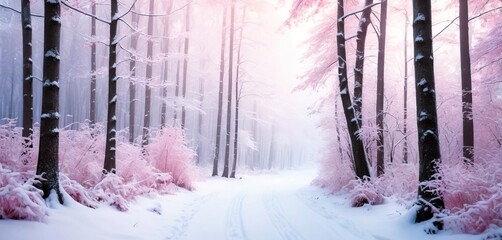 Ethereal winter forest photo with a snow-covered path and trees adorned with soft pink frost in a misty landscape