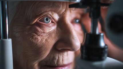 Ultra-realistic portrait of an elderly patient undergoing an eye pressure test for glaucoma, modern ophthalmology equipment