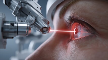 Ultra-realistic scene of a laser glaucoma treatment in a modern ophthalmology clinic, precise laser device pointed at patient’s eye, soft glow from laser, sharp medical detail