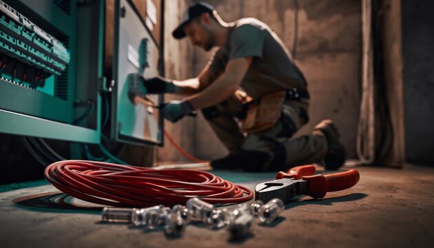 Skilled electrician working on an electrical panel in a dimly lit industrial space with tools and red cable, concept for electrical services, home improvement, and skilled labor. - Powered by Adobe