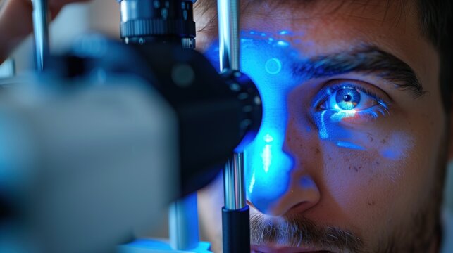 Optometrist examining patient's eyes with slit lamp biomicroscope, blue diagnostic light reflecting in iris, clinical precision, modern ophthalmology equipment, professional medical examination