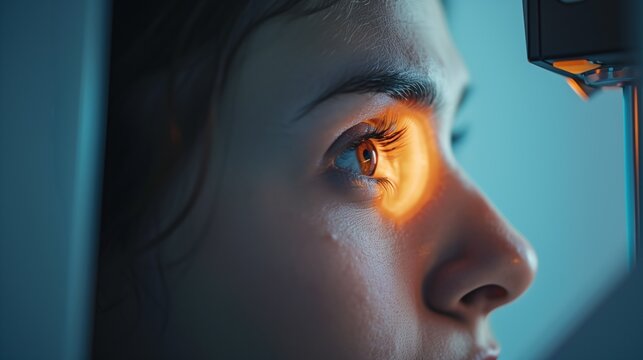 Patient undergoing visual field test for glaucoma detection, person's profile illuminated by perimetry machine light, concentrated expression
