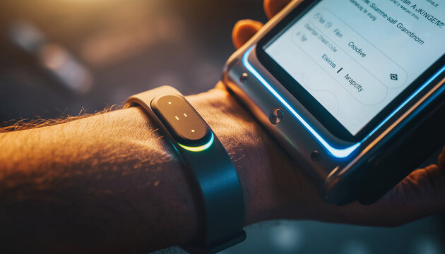 Closeup of Person's Wrist with Smartwatch and Phone Technology Integration and Modern Lifestyle, Digital Device Connection.