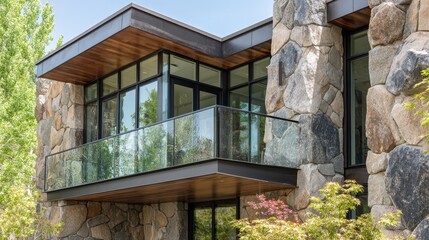Modern house with stone exterior and glass balcony with a greenery reflection. Use this for architecture design, real estate, or luxury lifestyle ads.