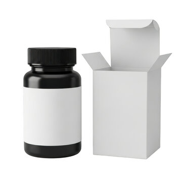 Dark pill bottle with blank label next to open white cardboard box isolated on transparent background