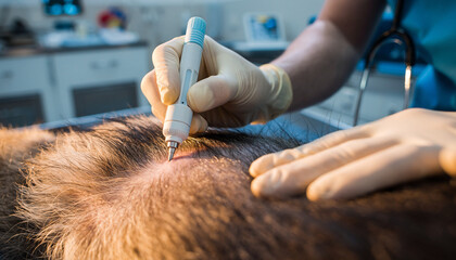 Veterinarian performing surgery on a dog Medical procedure, animal healthcare, pet treatment, closeup of a veterinary operation.