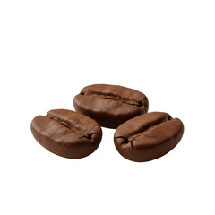 Four deep warm brown coffee beans with prominent central grooves, three clustered, one apart, isolated on transparent background with no shadows, macro, minimalist, Concept of precision