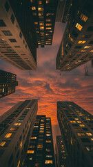 Obraz premium Upside down cityscape at sunset with dramatic sky
