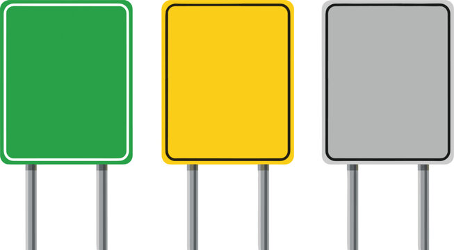 Three blank traffic signs green yellow and gray on posts empty - Powered by Adobe
