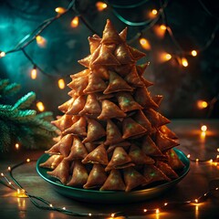 Samosa Christmas Tree Stacked with Holiday Lights Festive Deep-Fried Indian Snack Food Display Unique and Delicious Fusion Party Appetizer