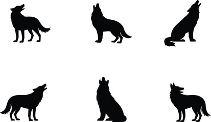 Wolf silhouette vector set, howling wolf black shape icons, nature logo design elements, wildlife profile cutouts, minimalist animal shadows, graphic pack, AI vector illustrations