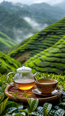 Tea Set on Wooden Tray Overlooking Lush Mountain Plantations