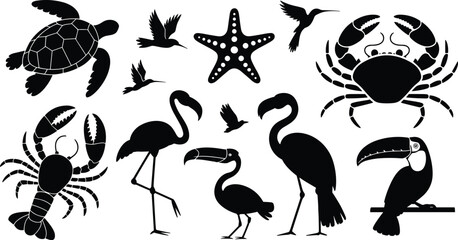 Fototapeta premium Black silhouette collection of tropical animals and sea creatures