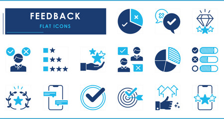 A set of flat icons related to Feedback. Support, advise, rating, fraction, respond, award, target, and so on.