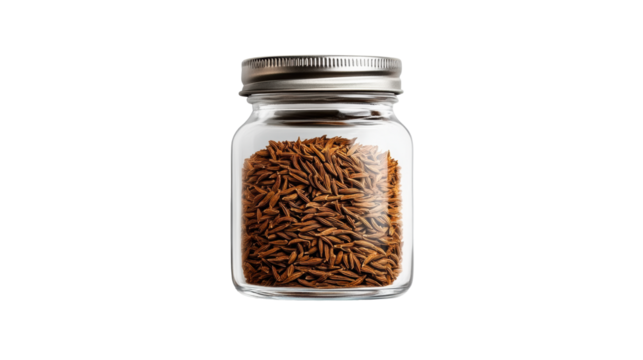 Cumin Seeds in Glass Jar on Transparent Background