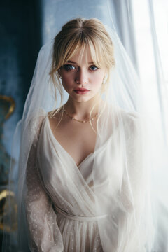 beautiful, serious face expression blond bride portrait in wedding veil & elegant white gown; opulent interior; concept of cold feets, sadnesss, bridezilla