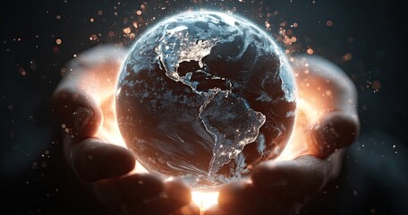 Glowing planet earth held gently in human hands, surrounded by light, on a dark background