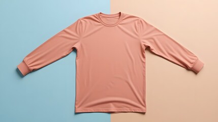 Stylish coral long sleeve shirt flat lay on trendy pastel blue and beige background offers a modern, minimalist fashion statement for your brand