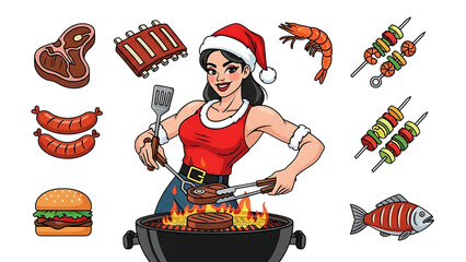 Festive Christmas BBQ illustration with grilling woman meat burger fish and vegetable skewers isolated on transparent background
