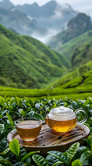 Tea Set on Wooden Tray Overlooking Lush Mountain Plantations