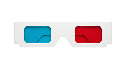 Isolated white cardboard 3D glasses with cyan and magenta lenses offer a vivid cinematic experience