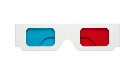 Isolated white cardboard 3D glasses with cyan and magenta lenses offer a vivid cinematic experience