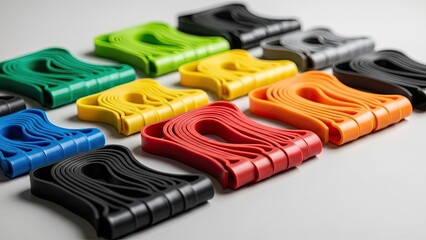 Group of colorful resistance exercise bands arranged on an isolated white background for fitness and workout