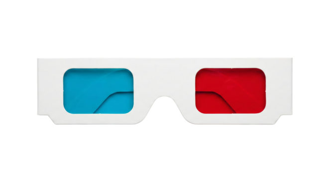Isolated white cardboard 3D glasses with cyan and magenta lenses offer a vivid cinematic experience