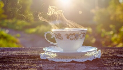 A steaming cup of morning tea bathed in warm golden sunlight on a rustic wooden surface amidst a lush green garden, evoking a sense of peace and natural beauty