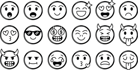 Collection of black and white emoji faces with various expressions