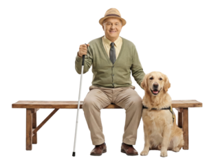 Senior man with visual impairment poses with his guide dog on a wooden bench