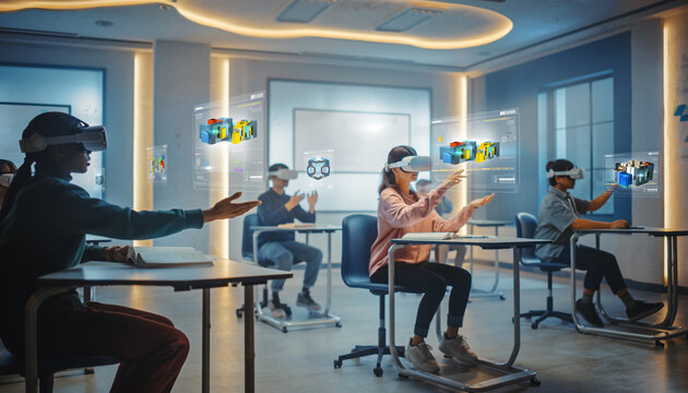 Students in VR Headsets Experience Virtual Reality Classroom Futuristic Education, Technology, Learning Environment.