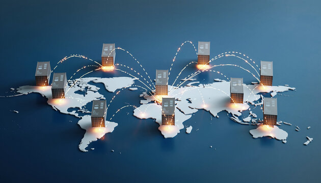 Global Data Network World Map with Server Nodes Connecting, Representing Data Transfer, Cloud Computing, Digitalization, Technology Infrastructure.
