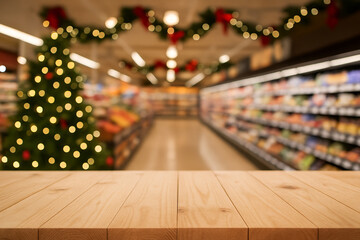 wooden top table with blurry abckground groceries christmas decoration ornament holidays