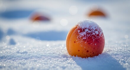Juicy apricot covered with fresh frost lying on glistening snow