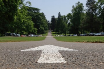 Close-up view of an asphalt road with a large white arrow, leading towards trees and the horizon