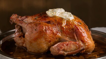Melting pat of herb butter glossing whole roasted chicken in shallow pan in kitchen - Powered by Adobe