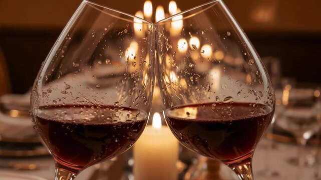 Clinking two stemmed wine glasses meeting rims at dining table, sparking toast near pillar candle