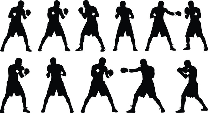 Ten black silhouette boxers in various fighting stances on white background boxing