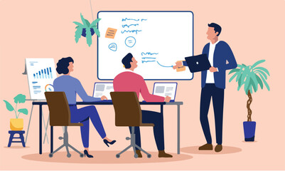 Business people having an office meeting, with a presenter standing by a whiteboard and colleagues working on laptops, engaging in a training session or strategic discussion. Flat design illustration