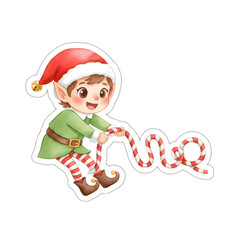 Obraz premium Elf Pulling Candy Ribbon — Holiday Watercolor Sticker