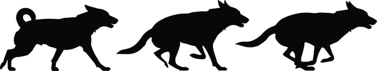 Three black dog silhouettes in motion on white background black and white animal