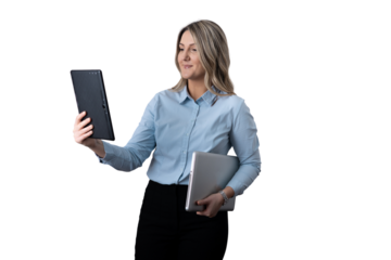 Businesswoman holding tablet and laptop on transparent background